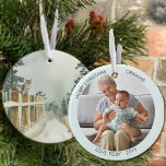 Décoration En Céramique Aquarelle du sentier forestier Photo personnalisée<br><div class="desc">Photo ornement de Noël que vous pouvez personnaliser pour Grammie ou tout autre ! Le design a une scène aquarelle élégante sur un côté d'un sentier boisé bordé d'arbres avec un hibou et un robin sur la clôture. L'autre côté a votre photo et vos noms ou tout autre texte personnalisé....</div>