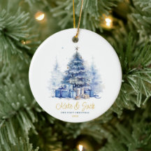 Aquarelle Élégant Notre Premier Noël Arbre Bleu