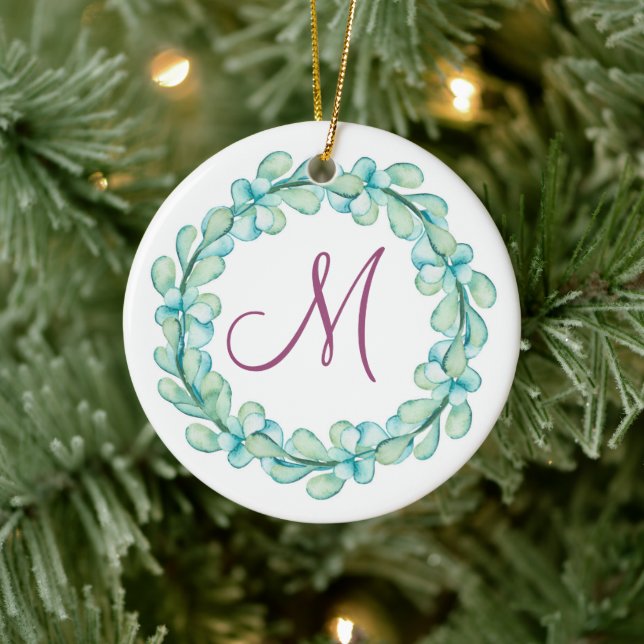 Décoration En Céramique Aquarelle Eucalyptus Wreath Monogramme Noël (Arbre)