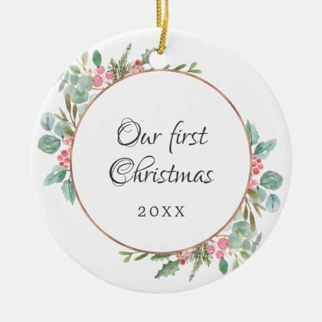 Décoration En Céramique Aquarelle Géométrique Notre première photo de Noël (Devant)