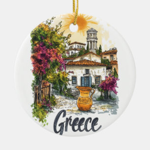 Décoration En Céramique Aquarelle Grèce : Scène de village avec des fleurs