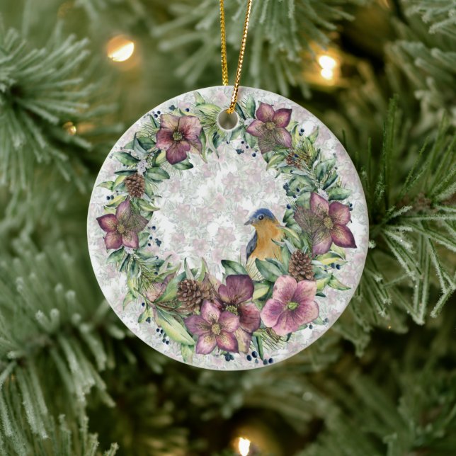 Décoration En Céramique Aquarelle Hellebore Floral Wreath Avec Oiseau (Arbre)