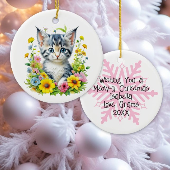 Décoration En Céramique Aquarelle Kitten Fleurs personnalisées Noël (Créateur téléchargé)
