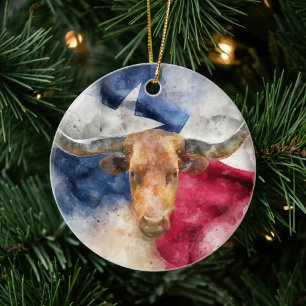 Décoration En Céramique Aquarelle Longhorn du Texas avec carte du drapeau