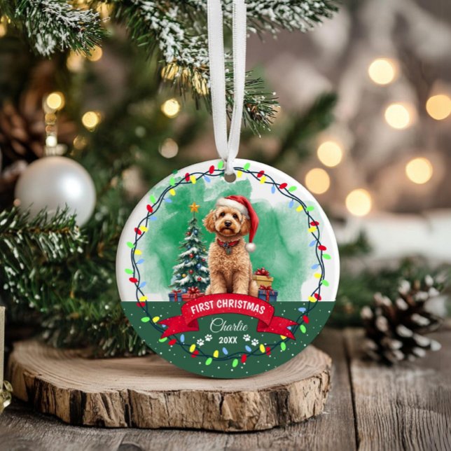 Décoration En Céramique Aquarelle mignon Goldendoodle chien Noël animal (zazzle watercolor cute poodle dog christmas ornament)