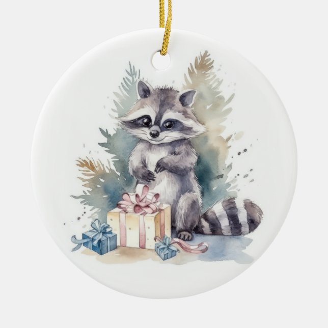 Décoration En Céramique Aquarelle Noël Raccoon (Devant)