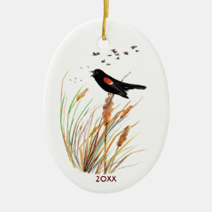 Décoration En Céramique Aquarelle Oiseau-noir à ailes rouges - Collection 