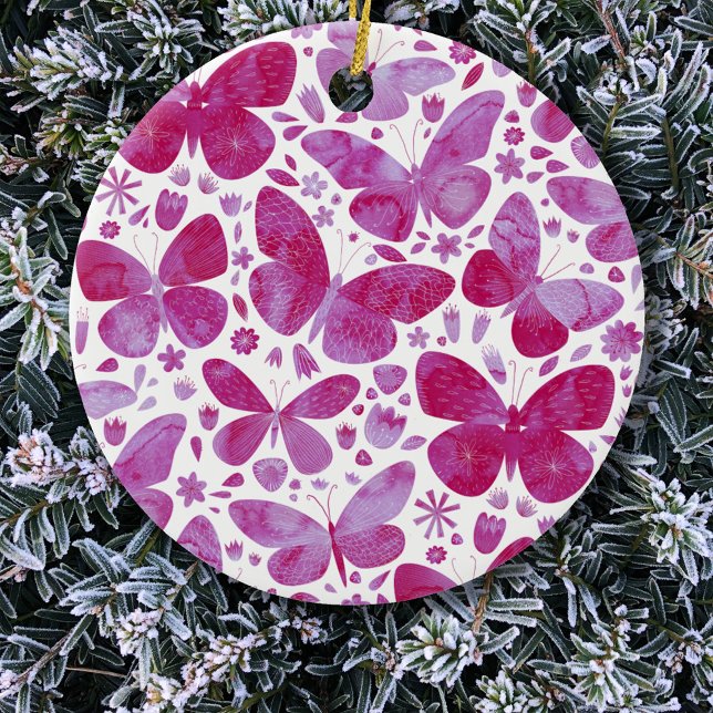 Décoration En Céramique Aquarelle papillon rose (Pink butterfly watercolor art  ceramic Christmas ornament)