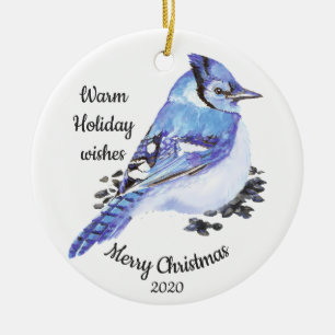 Décoration En Céramique Aquarelle personnalisée de Noël bleu Jay Bird
