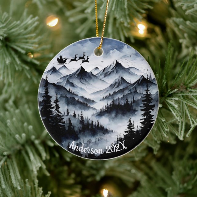 Décoration En Céramique Aquarelle personnalisée Père Noël sur les montagne (Arbre)