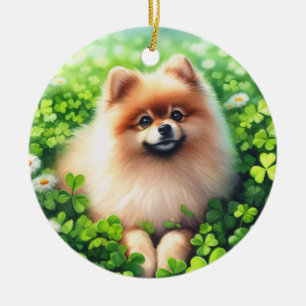 Décoration En Céramique Aquarelle Pomeranian Shamrock vert