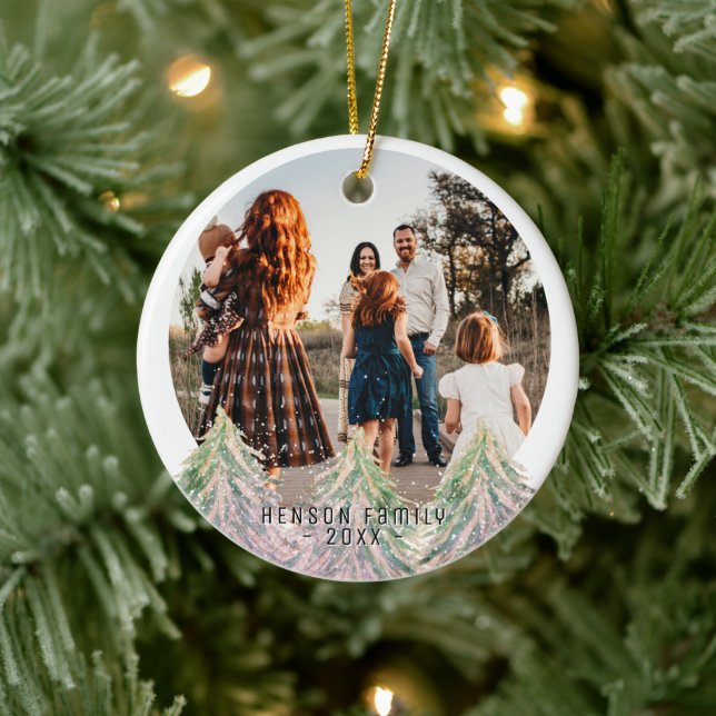 Décoration En Céramique Aquarelle rose Arbres Joyeux Noël Famille Photo (Arbre)