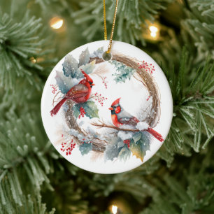 Décoration En Céramique Aquarelle rouge cardinale Oiseau Noël d'hiver