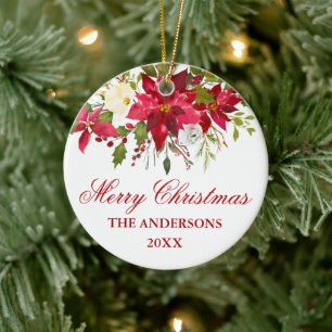 Décoration En Céramique Aquarelle Rouge Poinsettia Floral Personnalisé