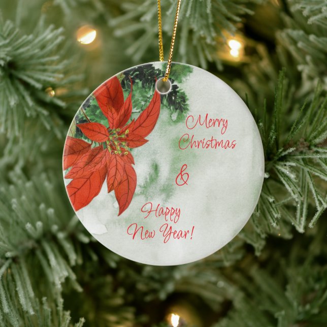 Décoration En Céramique Aquarelle Rouge Poinsettia Joyeux Noël (Arbre)