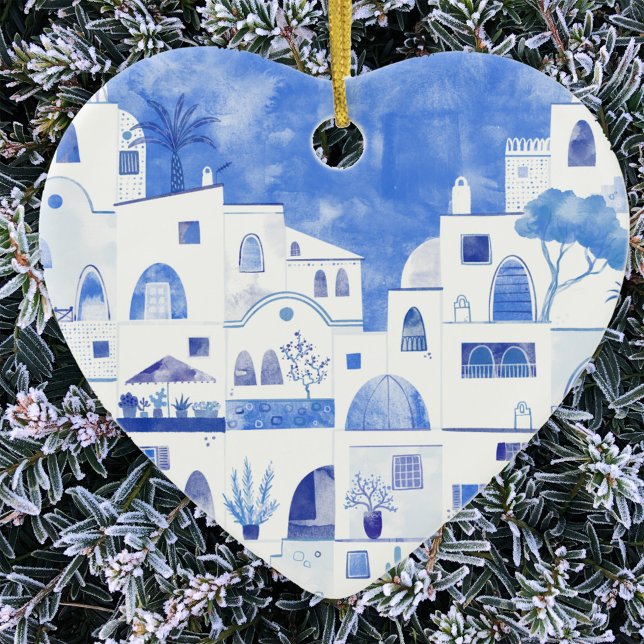 Décoration En Céramique Aquarelle Santorin Grèce (Santorini blue and white watercolor art Christmas ornament)