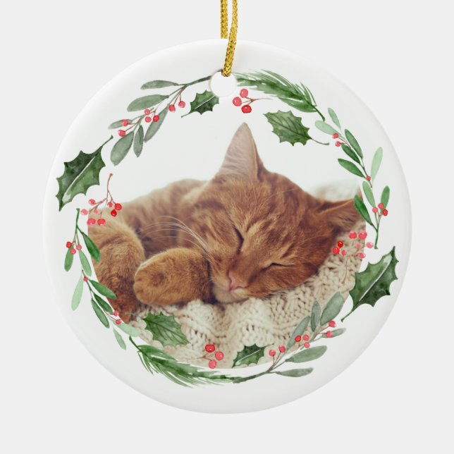 Décoration En Céramique Aquarelle Verdure couronne Wreath Christmas Cat Ph (Devant)