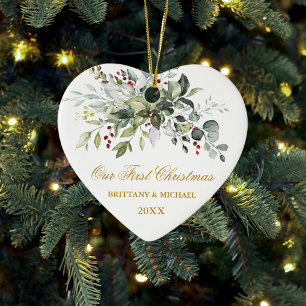 Décoration En Céramique Aquarelle Vert Berries rouges Gold Heart Couple