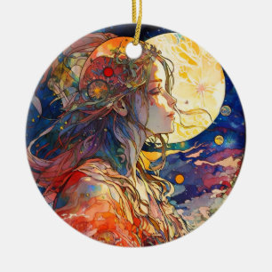 Décoration En Céramique Aquarelle vibrante de l'ornement de la fille et de