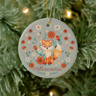 Décoration En Céramique Aquarelle Whimsical Fox Woodland Ornate Nom Année