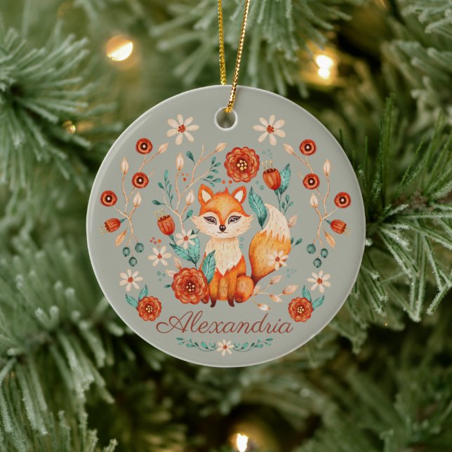 Décoration En Céramique Aquarelle Whimsical Fox Woodland Ornate Nom Année (Arbre)