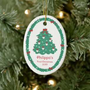 Décoration En Céramique Arbre de Noël Cœurs & Rubans pour Bébé Fille Premi