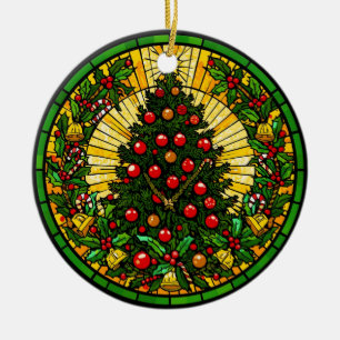 Décoration En Céramique Arbre de Noël en verre coloré avec houx et clochet