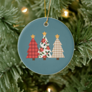 Décoration En Céramique Arbre de Noël Patchwork Vintage Plaid Rouge Férié