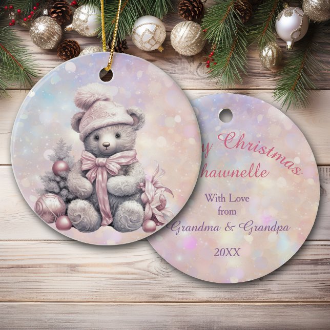 Décoration En Céramique Argent rose Noël Teddy Bear Grandgirl (Créateur téléchargé)