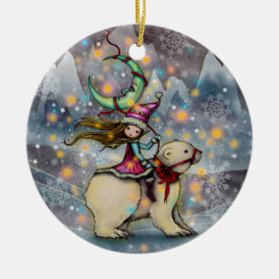 Décoration En Céramique Art de Noël d'elfe chevauchant un ours polaire