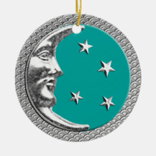 Décoration En Céramique Art Déco Lune et Etoiles en Turquoise et Argent