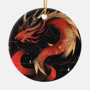Décoration En Céramique Art du dragon chinois rouge et or majestueux