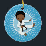Décoration En Céramique Arts martiaux de l'African American Karate Boy<br><div class="desc">This design feh cute African American martial arts kid with black belt C'est du gâteau décoratif bleu.</div>