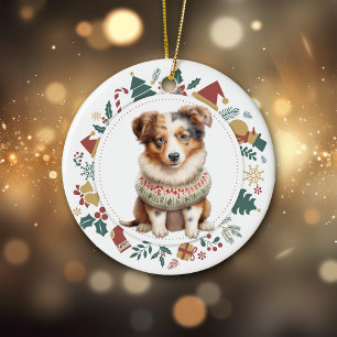 Décoration En Céramique Australian Shepherd Chiot Sweat d'hiver Noël