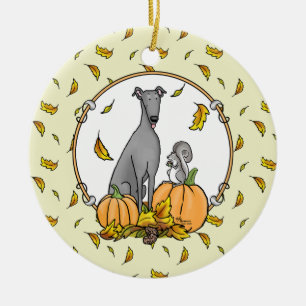 Décoration En Céramique Automne Greyhound (gris) Chien Citrouille Feuilles