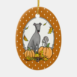 Décoration En Céramique Automne Greyhound (gris) Chien Citrouille Feuilles