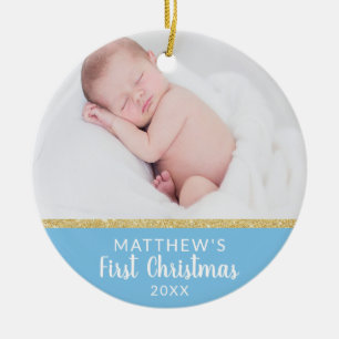 Décoration En Céramique Baby Boy FIRST Christmas Blue Message + PHOTO