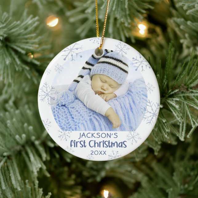 Décoration En Céramique Baby Boy First Christmas Photo Blue Snowflake Nom (Arbre)