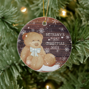 Décoration En Céramique Baby Boy First Christmas Teddy Bear Wood Snow