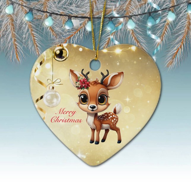 Décoration En Céramique Baby Deer, Faun, Doe, Reindeer 🦌 🎄 Joyeux Noël (Baby Deer, Floral Fawn, Cute Doe Poinsettia Flower Merry Christmas Gold Heart Ceramic Ornament 🦌🎄)