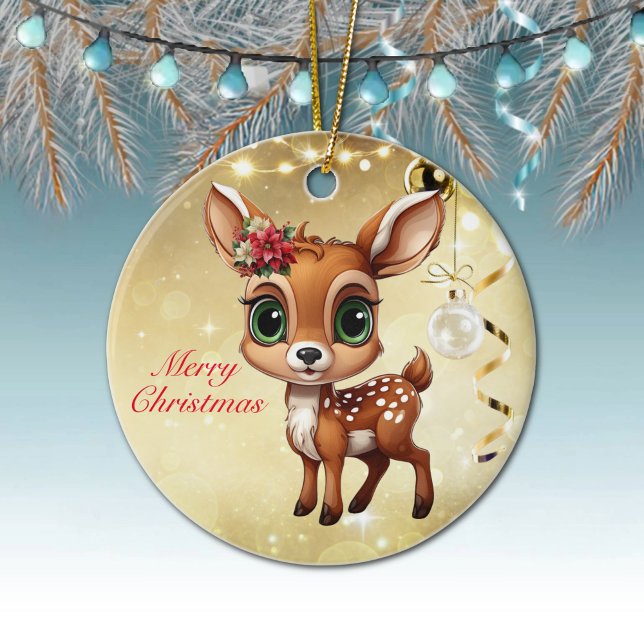 Décoration En Céramique Baby Deer, Fawn, Doe 🦌 Gold Joyeux Noël (Baby Deer, Fawn, Doe 🦌Poinsettia ForestBabies Merry Christmas 🎄Gold Round Ceramic Ornamen)