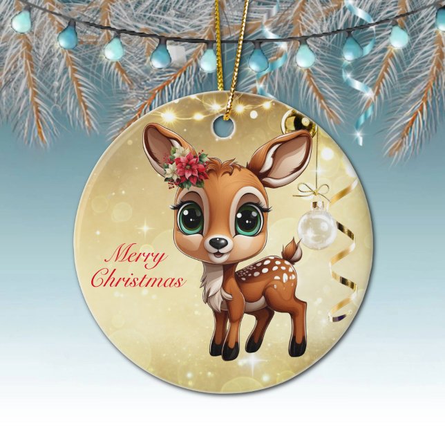 Décoration En Céramique Baby Deer, Fawn, Doe 🦌 Gold Joyeux Noël (Cute Baby Deer, Fawn, Doe🦌Poinsettia Reindeer Antlers Merry Christmas🎄Gold Round Ceramic Ornament)