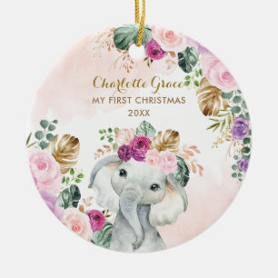 Décoration En Céramique Baby Eléphant 1er Noël Blush Floral Green