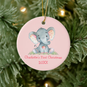 Décoration En Céramique Baby First Christmas Aquarelle Elephant rose