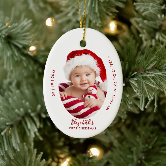 Décoration En Céramique Baby First Christmas Birth Stats Name Minimal Red (Arbre)