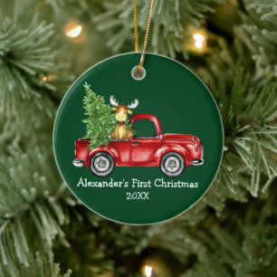 Décoration En Céramique Baby First Christmas Camion rouge Moose Green Roun