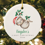Décoration En Céramique Baby First Christmas Custom Name Sloth Ornament<br><div class="desc">Premier Noël du bébé Personnalisé Nom Sloth Ceramic Ornament — Le précieux modèle de décoration de Noël du nouveau-né personnalisé présente un parfum de vacances en aquarelle adorable, accroché à une branche sainte et portant un chapeau santa. Les zones de texte permettent une personnalisation facile du nom d'un bébé dans...</div>