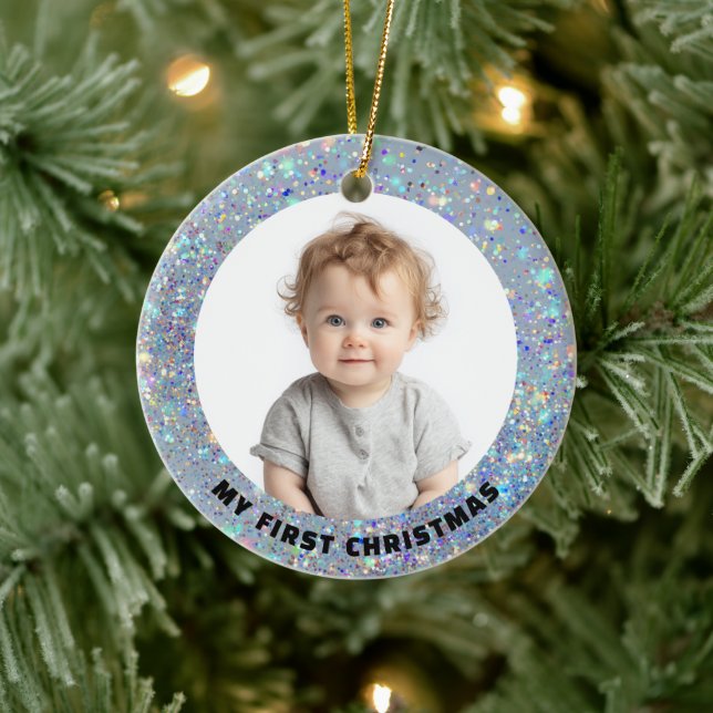 Décoration En Céramique Baby First Christmas Custom Photo Glitter Ornament (Arbre)