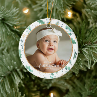 Décoration En Céramique Baby First Christmas Custom Photo Watercolor