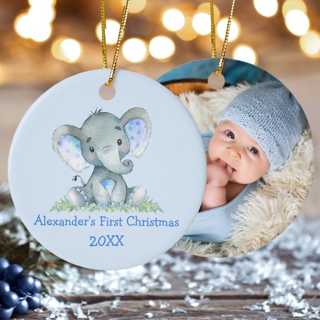Décoration En Céramique Baby First Christmas Elephant Blue PHOTO (Customize with name, year and photo on back.)